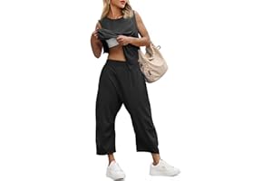 Fisoew Women's Summer 2 Piece Outfits Sleeveless Tank Tops and Wide Leg Pocketed Pants Workout Sweat Sets