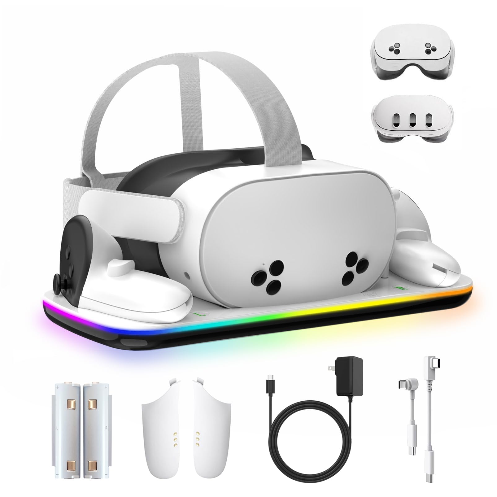 Charging Dock Compatible with Meta Oculus Quest 3/3S, VR Headset Controller Accessories, Charging Station with Closable RGB Indicator, Magnetic Charging, Fast Charging, 2 Rechargeable Batteries