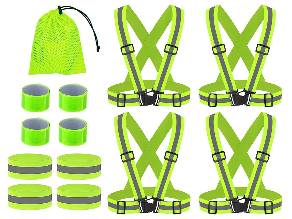 Anlising 4PCS Adjustable Reflective Safety Harness+4PCS Elastic Reflective Wristbands+4PCS Reflective Slap Arm-Bands and a Mesh Bag, Running Reflective Vest Gear, for Running, Hiking, Cycling