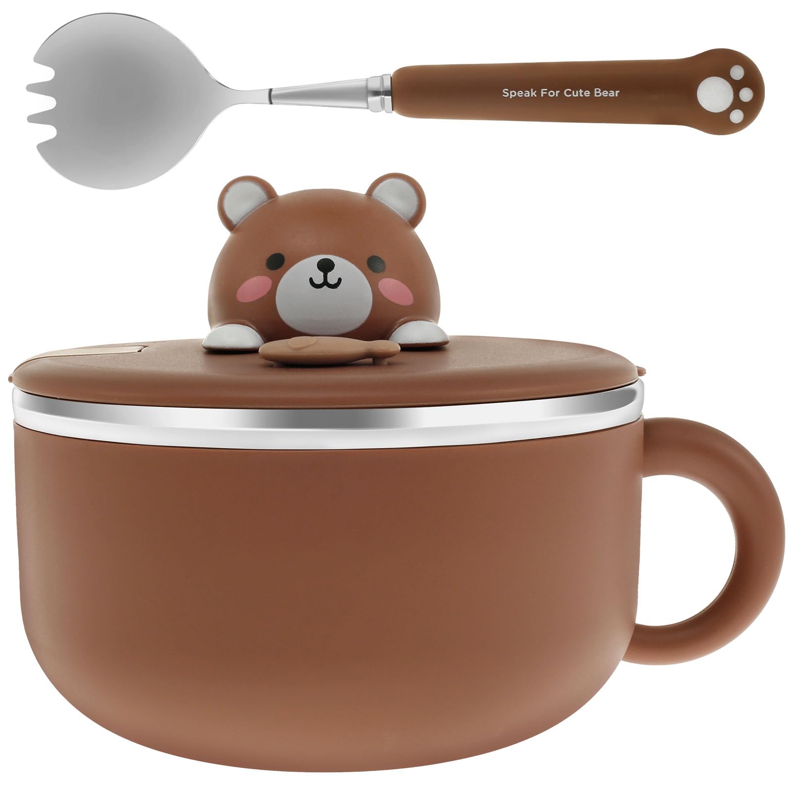 1200ml Ramen Bowl, Stainless Steel Noodle Bowls with Lid and Spork Heat Resistant Speedy Ramen Cooker Soup Bowl with Handles, Portable Pasta Salad Bowls for Dorm Office College (Brown)