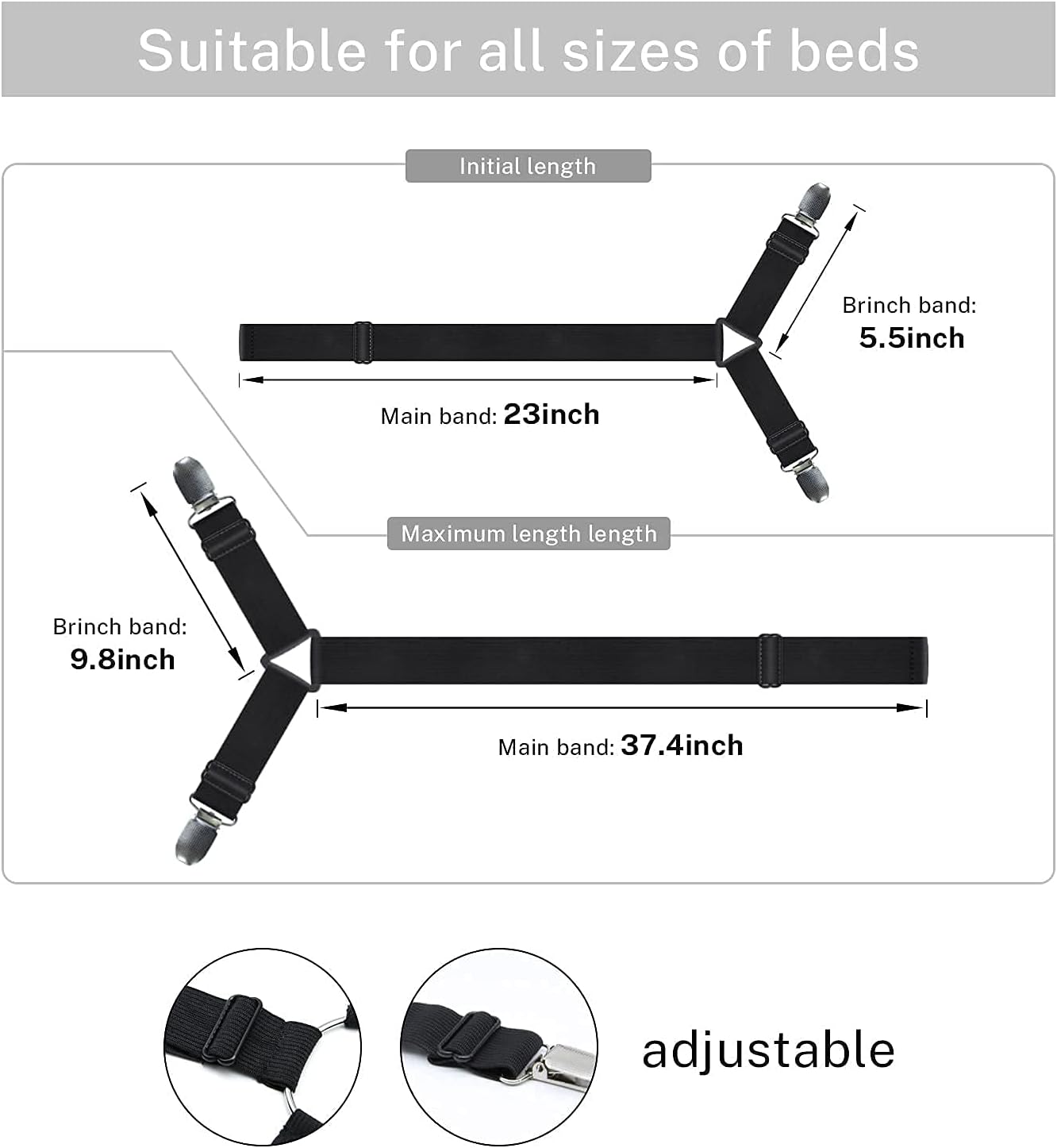 Sheet Straps Elastic Crisscross Bed Sheet Fasteners Suspenders, 6 Way Black Adjustable Bed Sheet Holder Straps, Fitted Sheet Clips for Full, Queen, King Twin Bed (6 in 1 Belt with 12 Clips): Home & Kitchen