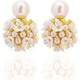White Pearl Flower Cluster Ball Earrings for Women, Hypoallergenic Waterproof Big Pearls Stud Earrings Fashion Noble Prom Jewelry Gifts