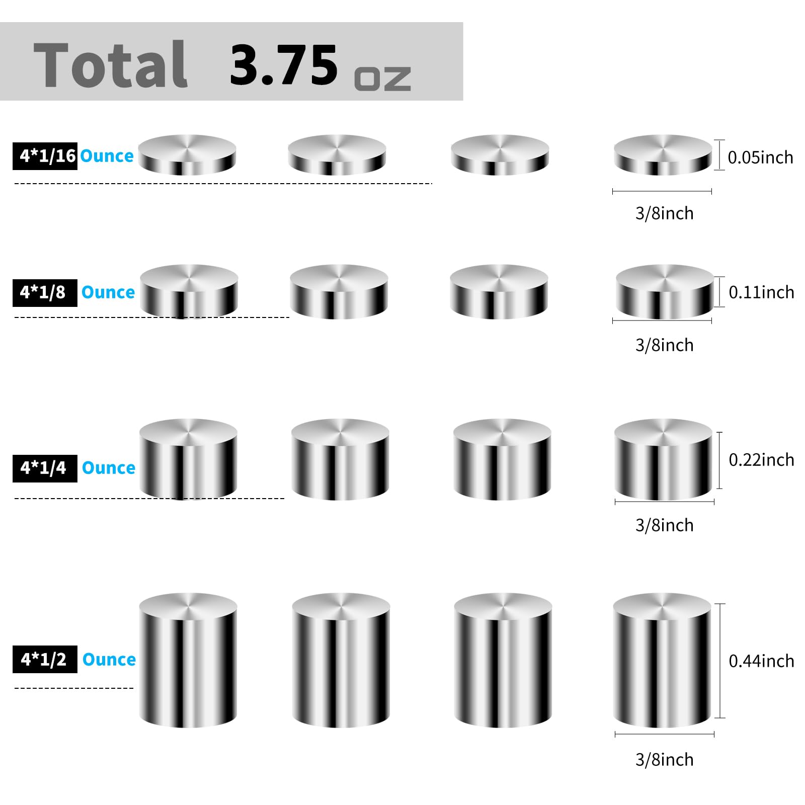 Tungsten Weights 3.75 Ounce 3/8 Inch Incremental Cylinders Car Weights Compatible with Pinewood Car Derby Weights, 16 Pieces, 4 Sizes
