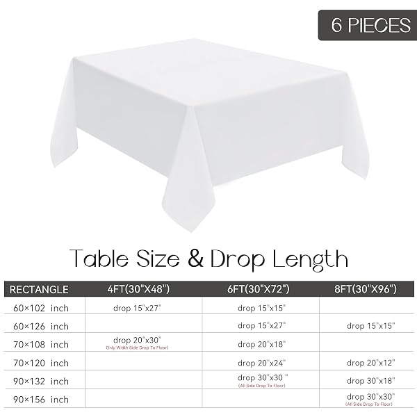 ROMANSTILE 6 PACK WHITE RECTANGLE TABLECLOTH 60 X 102 INCH, REUSABLE AND WASHABLE TABLE CLOTHES FOR 6 FOOT TABLES, STAIN RESISTANT POLYESTER FABRIC TABLE COVER FOR WEDDING, PARTY, BANQUET