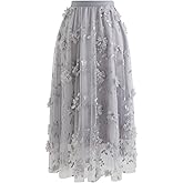 CHICWISH Women's 3D Posy Double-Layered Mesh Midi Skirt