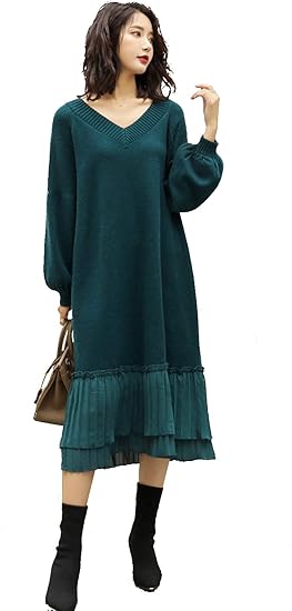 Amazon ニットワンピース ニット ワンピース レディース 秋 冬 Vネック 無地 長袖 厚手 ゆったり 切り替え プリーツ ロングワンピース セーターワンピース 上品 ワンピース チュニック 通販