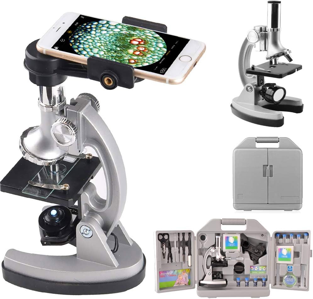 Microscope Kit for Kids with Metal Arm and Rubber Base, 300X 600X 1200X Magnifications, Includes All Accessory and Handy Storage Case, Educational Science Microscope with Smartphone Holder
