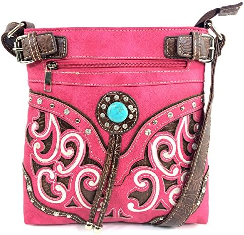 Justin West Tooled Gleaming Turquoise Stone Floral Laser Cut Rhinestone Messenger Bag Purse with Long Cross Body Strap