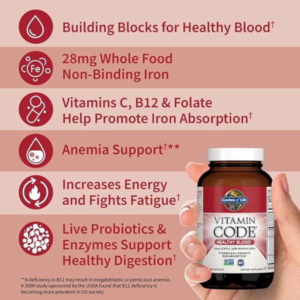 GARDEN OF LIFE VITAMIN CODE HEALTHY BLOOD – IRON SUPPLEMENT FOR WOMEN, 60 VEGAN CAPSULES, WITH VITAMINS B, C, TRACE MINERALS, FRUIT VEGGIES, PROBIOTICS – FOR ENERGY AND ANEMIA SUPPORT