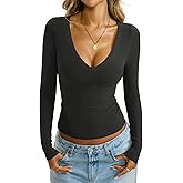 EasyGala Womens Deep V Neck Long Sleeve Shirts Sexy Slim Fit Tops Basic Tees Spring Outfits Fashion Clothes 2026