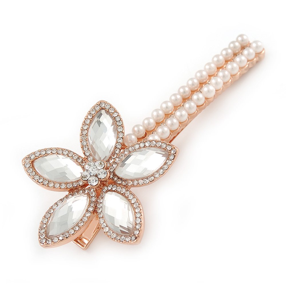 Large Glass Pearl, Clear Crystal Flower Hair Beak Clip/Concord Clip In Rose Gold Tone - 90mm L