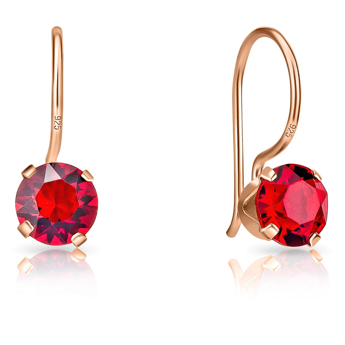 DTPSilver - 925 Sterling Silver Rose Gold Plated Round Fixed Hook Earrings made with Glittering Crystals from Swarovski® Elements - Diameter: 6 mm - Colour : Red Light Siam
