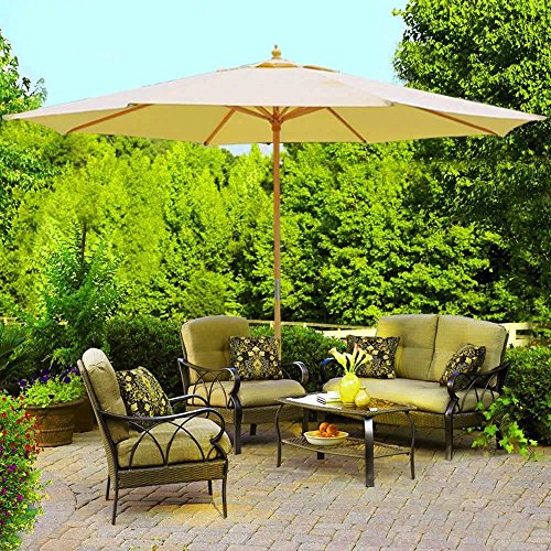 13' Ft Patio Wooden Umbrella Sunshade German Beech Wood Pole Outdoor Beach Beige with Ebook