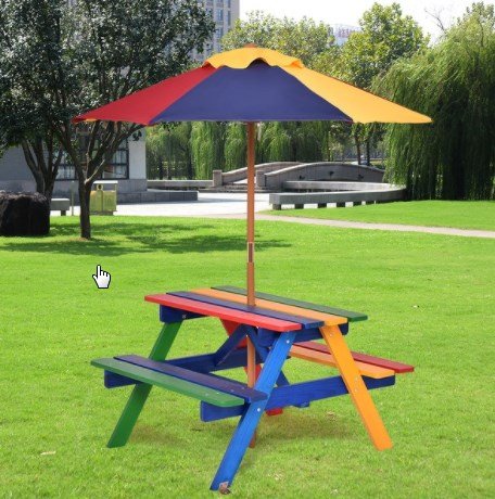 Costway 4 Seat Kids Picnic Table with Umbrella Garden Yard Folding
Children Bench Outdoor, Seats Up to 4 Children, Made with Durable Wood