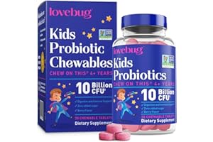 LOVEBUG Probiotics for Kids – Probiotic Chewables with Prebiotic Fiber for Age 4+,Daily Children's Gut Health & Digestive Support Supplement, Sugar-Free Berry Flavor, 30 Count