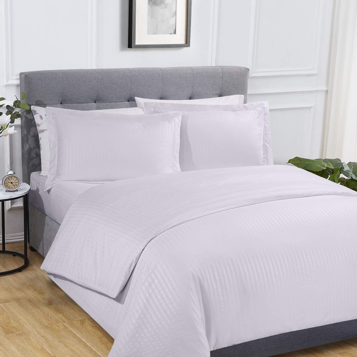 Sleepdown Sateen Stripe White Super Soft Easy Care Complete Duvet Cover Quilt Bedding Set Pillowcases with Fitted Sheet - Double, 5056242779964