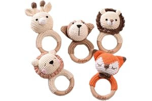 Personalized Baby Crochet Rattle with Name,Custom animal rattle toy,Handmade Crochet Stuffed Animal & Wooden Teething Ring,Wo