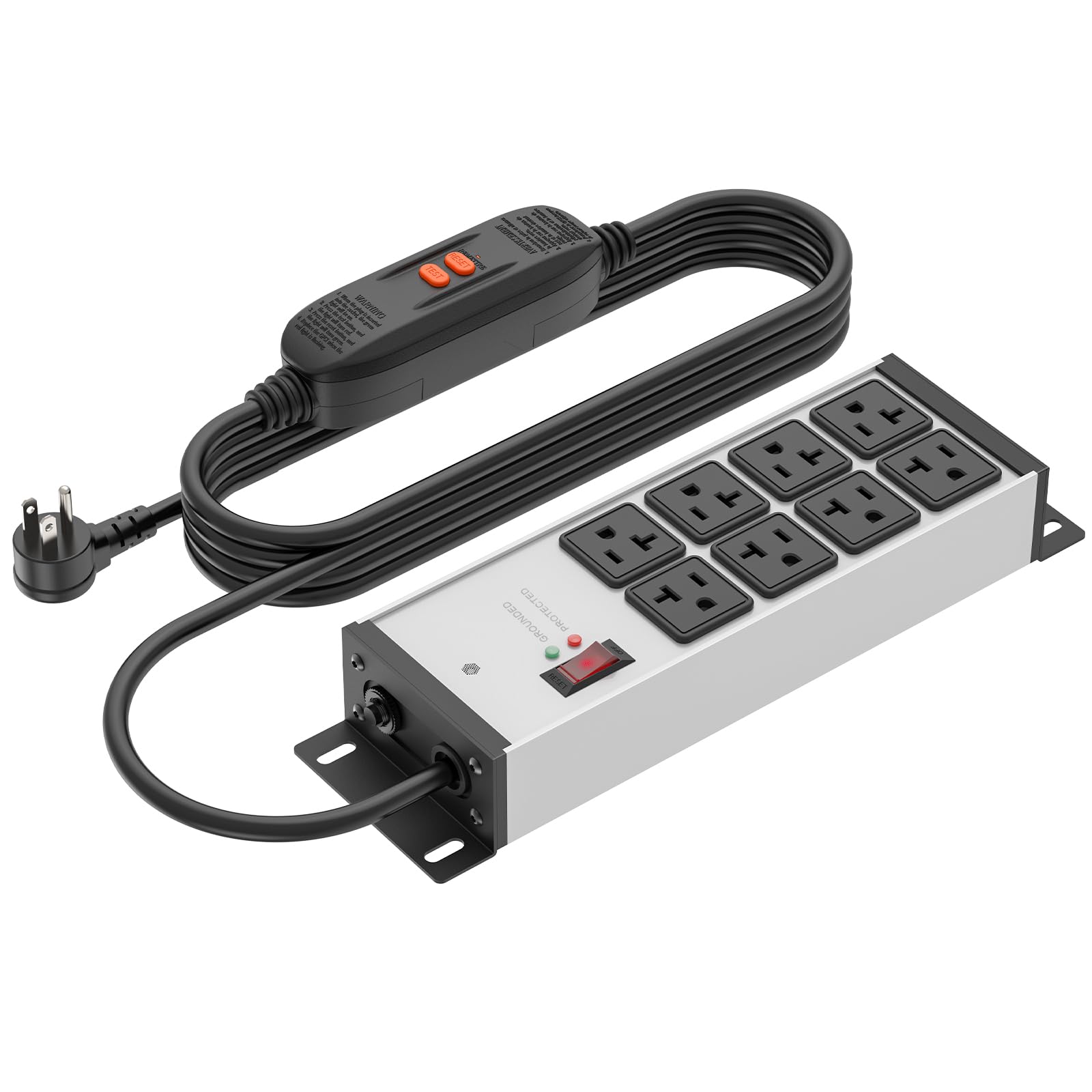 CCCEI 12 Gauge Heavy Duty Power Strip, GFCI, 8 Ports. Grey, 10FT.