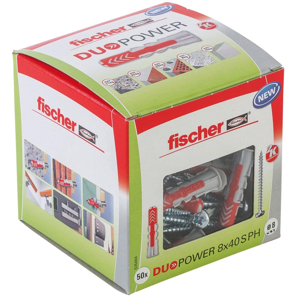 fischer DuoPower 8 x 40 S PH, powerful universal plug with panhead screw, intelligent 2-component technology for fastenings in concrete, bricks, stone, gypsum plasterboard, etc., 50 plugs & 50 screws