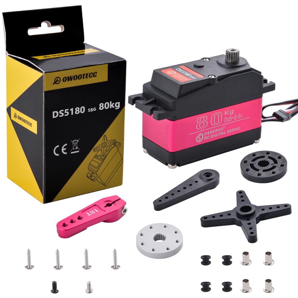 owootecc 80KG Servo Motor High Torque Digital Servo DS5180 Metal Waterproof 1/10 Scale Servo for R/C Car Robot,Control Angle 270° (80KG Servo Pink)