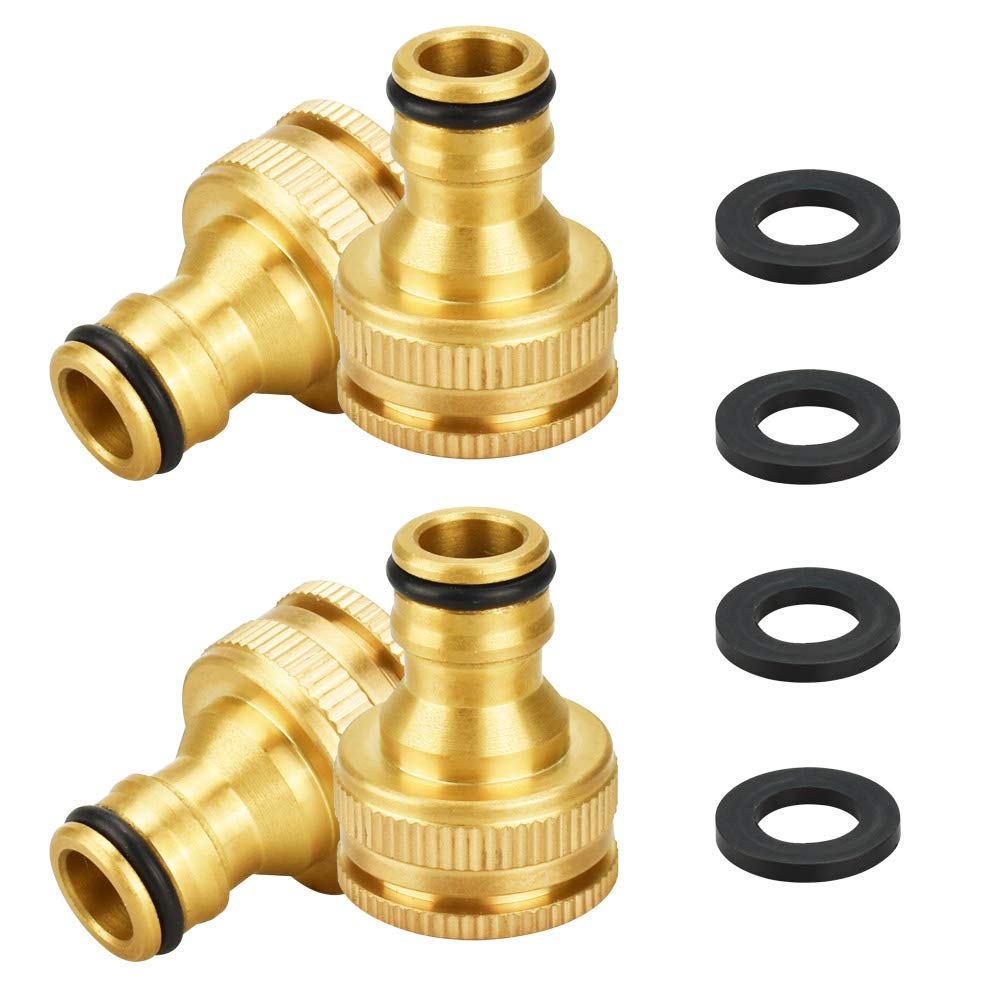 EMAGEREN 4 Pack Brass Hose Tap Connector 3/4 inch & 1/2 inch Garden Water Hose Tap Adaptor 2-in-1 Female Threaded Faucet Adapter Quick Connect Outside Hose Fittings for Hose Pipe, Washing Machine