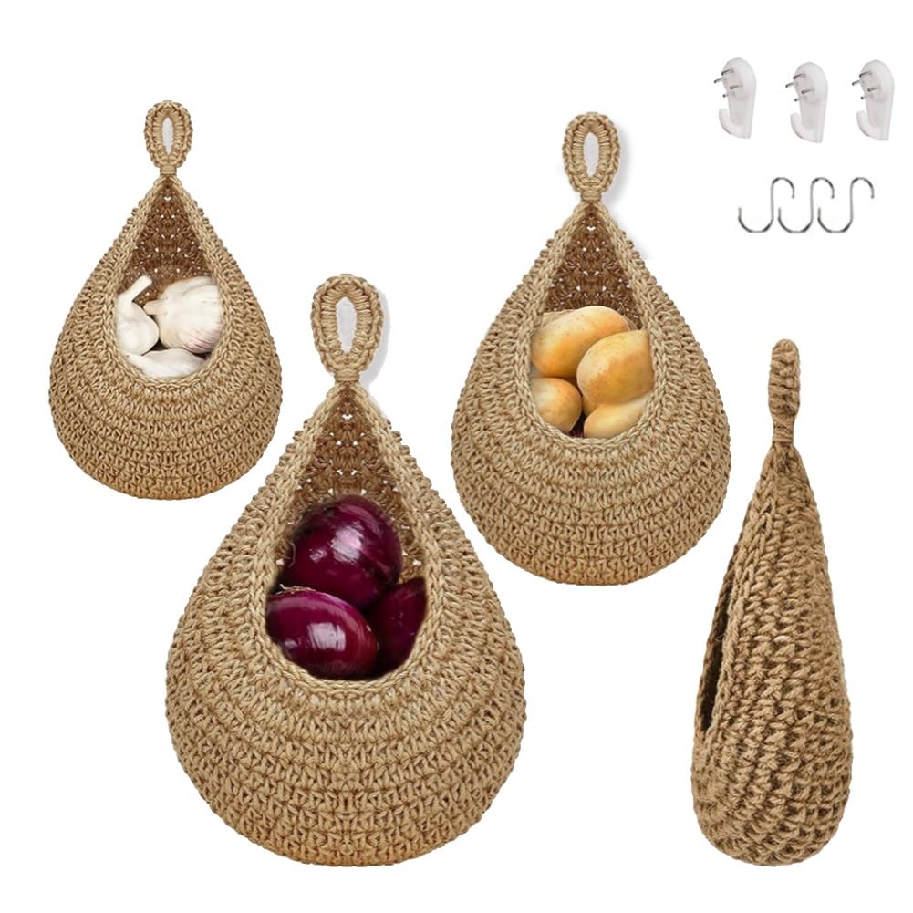 Haptufer Hanging Fruit Basket for Kitchen, Boho Hanging Baskets for Organizing, Hanging Wall Fruit Vegetable Baskets, Handwoven
