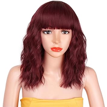 Aisi Hair Synthetic Curly Bob Wig With Bangs Short Bob Wavy Hair Wig Wine Red Color Shoulder Length Wigs For Women Bob Style Synthetic Heat Resistant