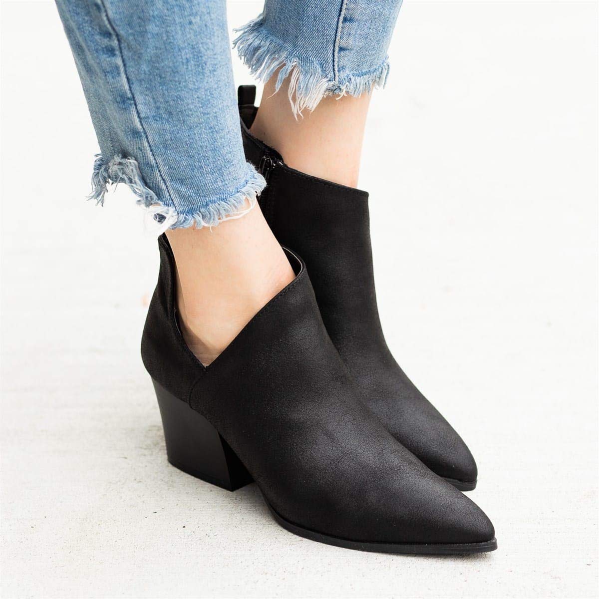 LAICIGO Women's Pointed Toe Side V Cutout Chunky Block Low Heel Western Ankle Bootie - Image 3