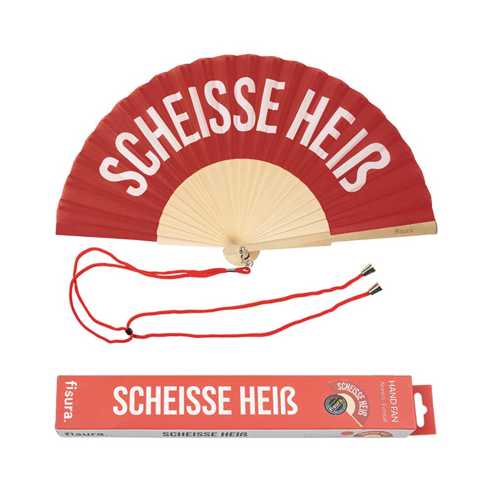 Fisura - Original handheld folding fan with the message in message in Italian and German wooden fan. Original holding Hand Fans. Fan with hanger included (Heir, red)