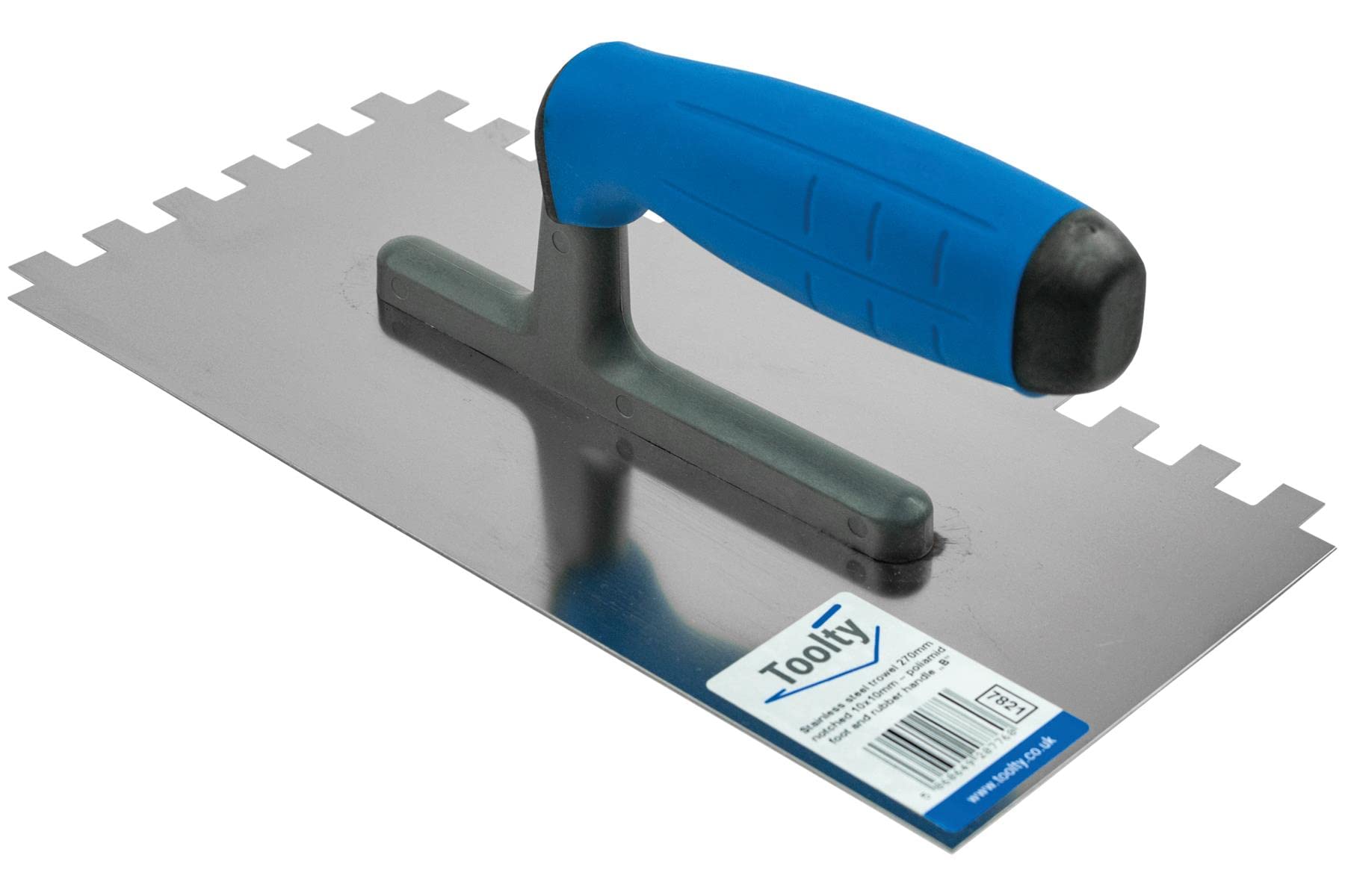 Toolty Notched Tiling Trowel - Stainless Steel - Non-Slip Rubber Handle - 10 x 10 mm Notch - 10.6 x 5.04" - for Applying Adhesives and Screeds