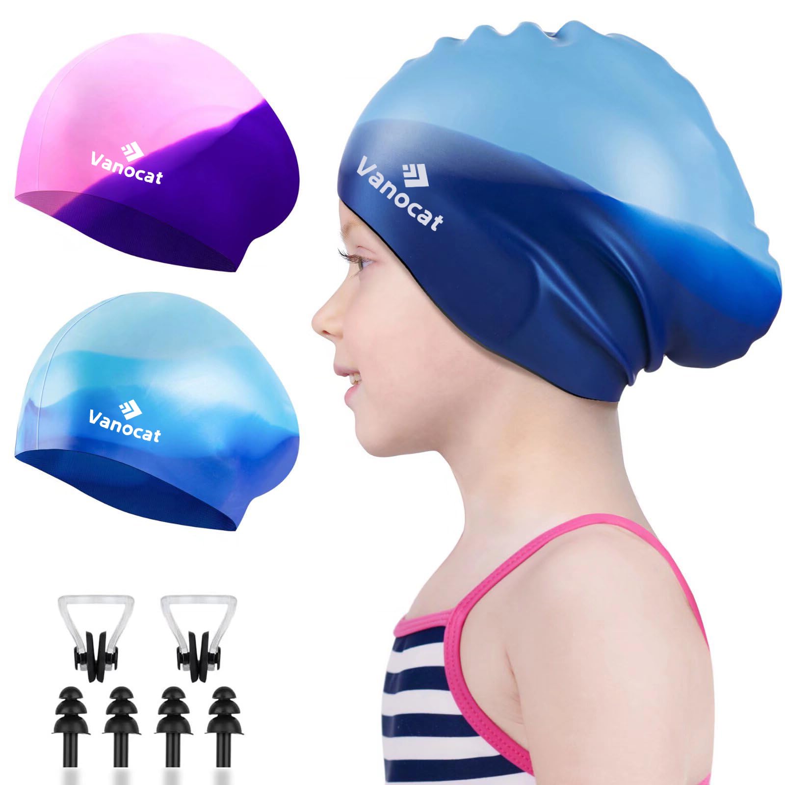 Vanocat 2 Pack Kids Swimming Cap Short/Long Hair, Unisex Silicone Swimming Hat for Age 3-15 Children Toddler Teen, Waterproof Shower Swim Cap for Girls Boys with Ear Plugs & Nose(Multicolor)