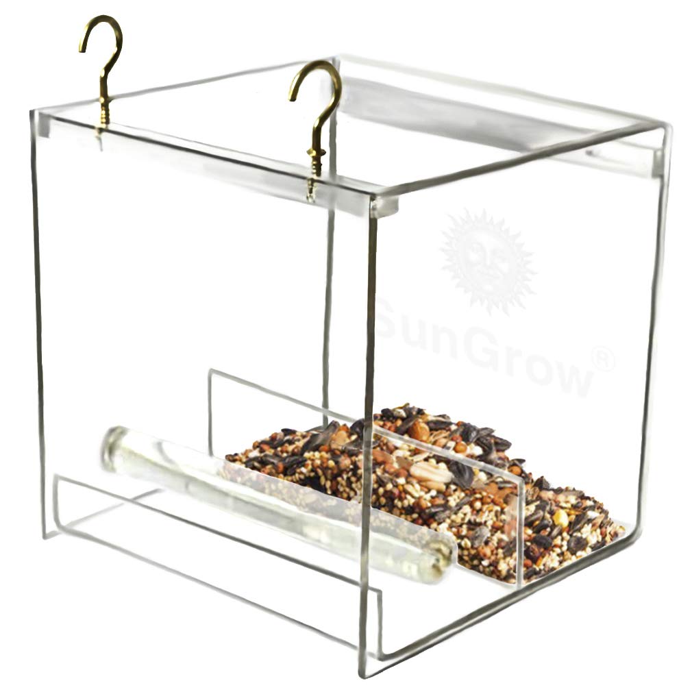 Acrylic Glass Bird Feeder Set -- Spill-proof, Crystal clear - Easy to install with 2 Hooks, Economical - Perch provides enjoyable eating time to Finch, Parakeet, Sparrows - Perfect for all Cage Sizes