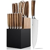 Kangdelun Ultra Sharp 15-Piece Kitchen Knife Set, High Carbon Stainless Steel Blades, Torrefied Brown Wood Handles, Ergonomic Design, Space-Saving Black-Finished Wood Block, Easy Hand Wash, Gift Box