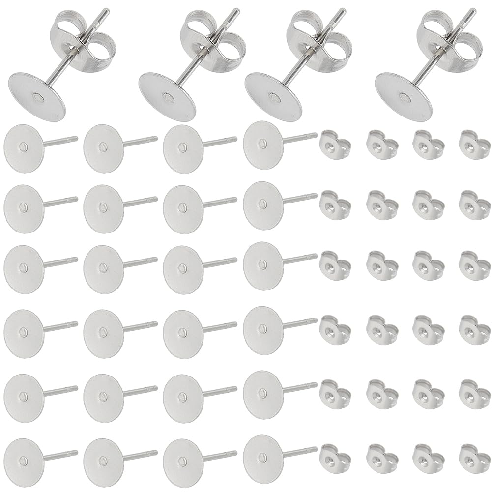 SOFPLATE 1 Box 1000Pcs 6mm Silver Earring Posts - Stainless Steel Stud Earring Findings with Hypoallergenic Flat Pad Ear Back Round Blank Studs for Jewellery Making Supplies Craft
