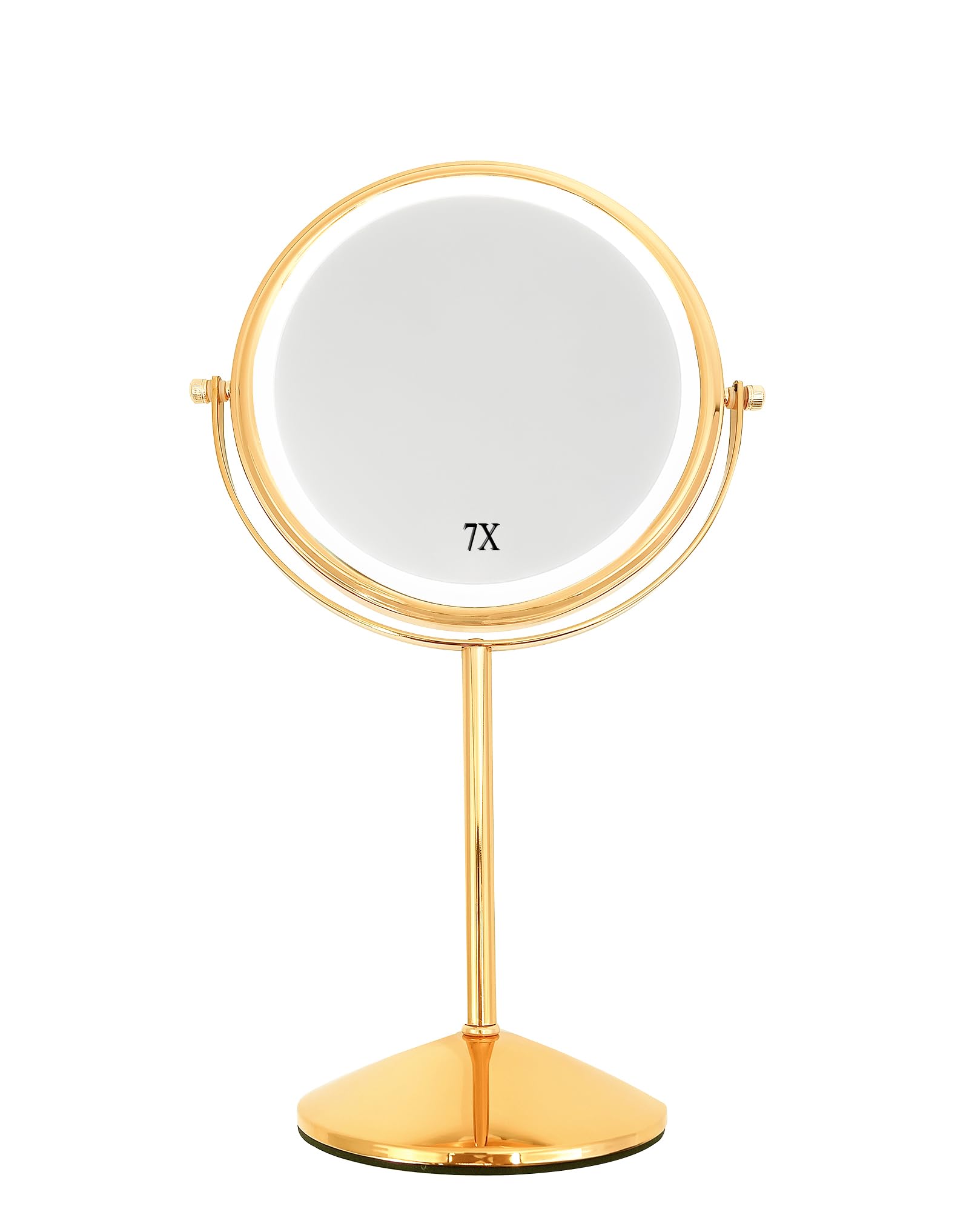Rose Gold Magnifying Mirror With Lights for Makeup Desk, 1X/10X Double-Sided Small Vanity, Tabletop Round With Stand (Luxury Gold-7X Magnification)
