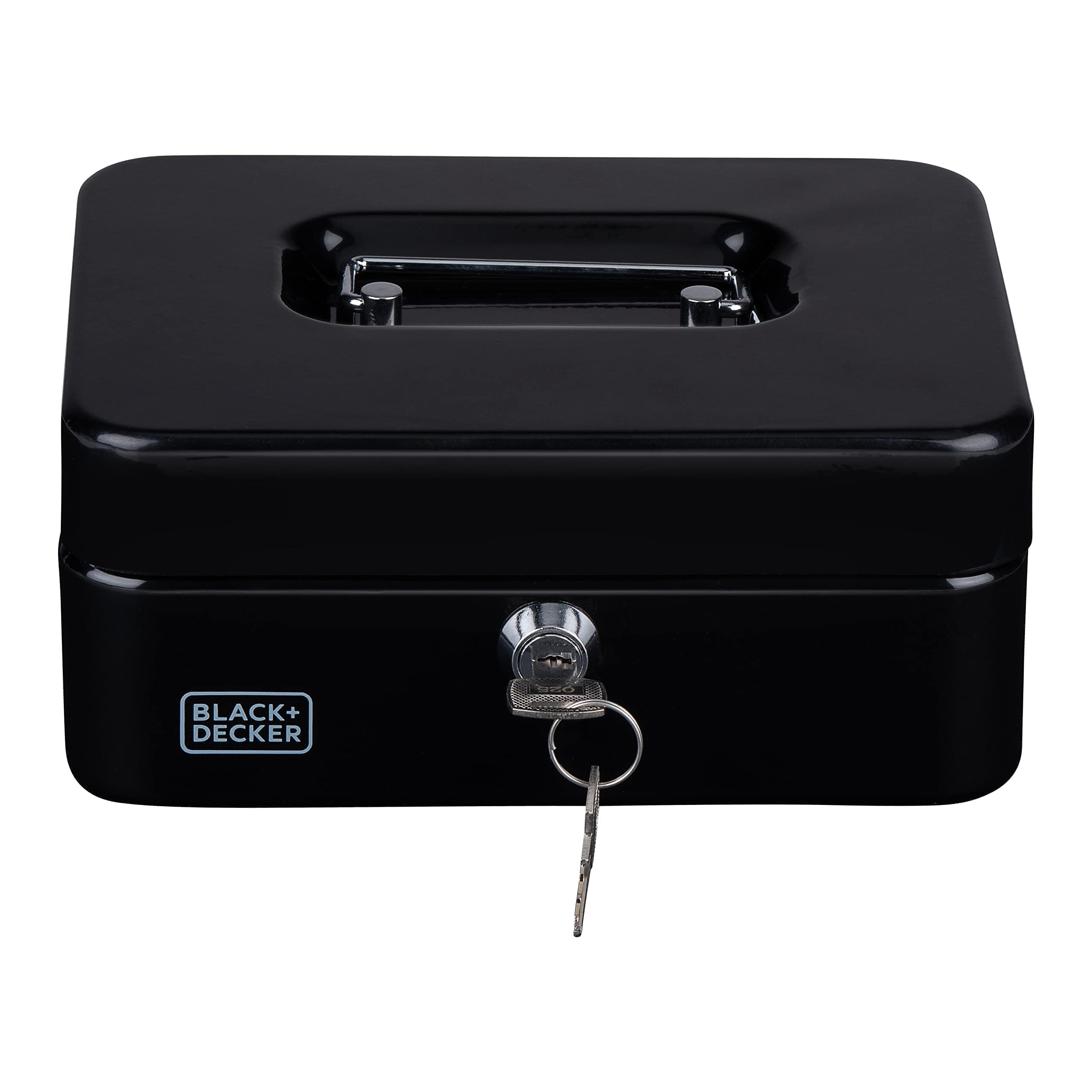 BLACK+DECKER Money Box with Key - Removable Drawer with 3 Compartments - Includes 2 Keys - 20 x 16 x 8.5 cm - Metal - Black
