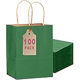 qiqee 100PCS Gift Bag with Handles Bulk Kraft Deep Green Paper Bags Multiple Uses (11"x5"x8"inch Medium Size)