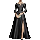 QFMYYXGS Satin Mother of The Bride Dresses for Wedding Long Sleeve Formal Wedding Guest A Line Evening Gown with Slit