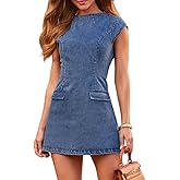 KDF Denim Dress for Women with Pockets Slim Fit Summer Jean Dress Cap Sleeve Casual Mini Denim Dresses for Women 2025