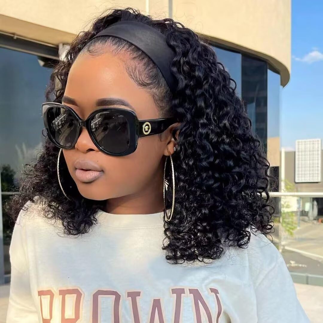 Short Headband Wig Kinky Curly Human Hair Wig For Women 14 Inch 150% Density No Lace Kinky Curly Headband Wig For Women Human Hair Curly Hair Glueless Wig Made Full Machine Natural Looking