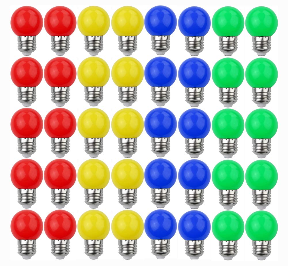 V-TOO 40 Pack Coloured Light Bulb E27 Screw Cap 3W LED Light Bulbs Mood Ambiance Lighting for Home Decoration Party Patio Christmas Effect Lights Multi-Color Red Yellow Blue Green