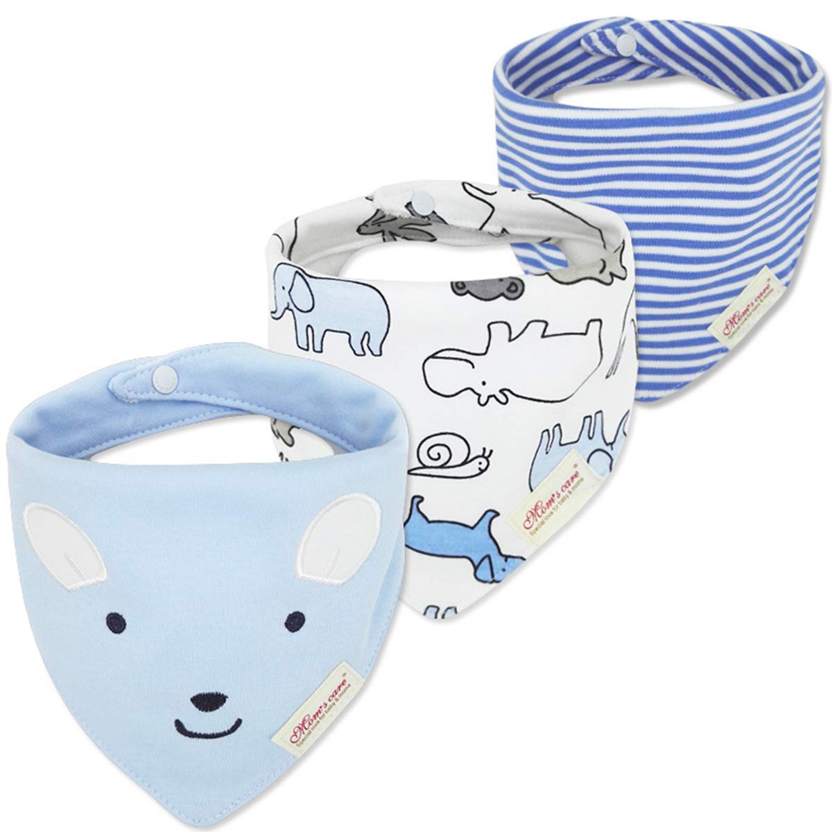 CuteOn Baby Drool Bibs, Unisex 3-Pack Absorbent Cotton, Triangle Bib with Snaps Gift for Boys & Girls - Asorted (37 Blue Bear)