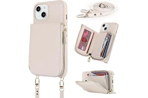Hamany Crossbody Phone Case for iPhone 13 Case with Strap for Women iPhone 14 Wallet Case with Card Holder Flip Folio Leather Zipper Cover with Credit Holder-White