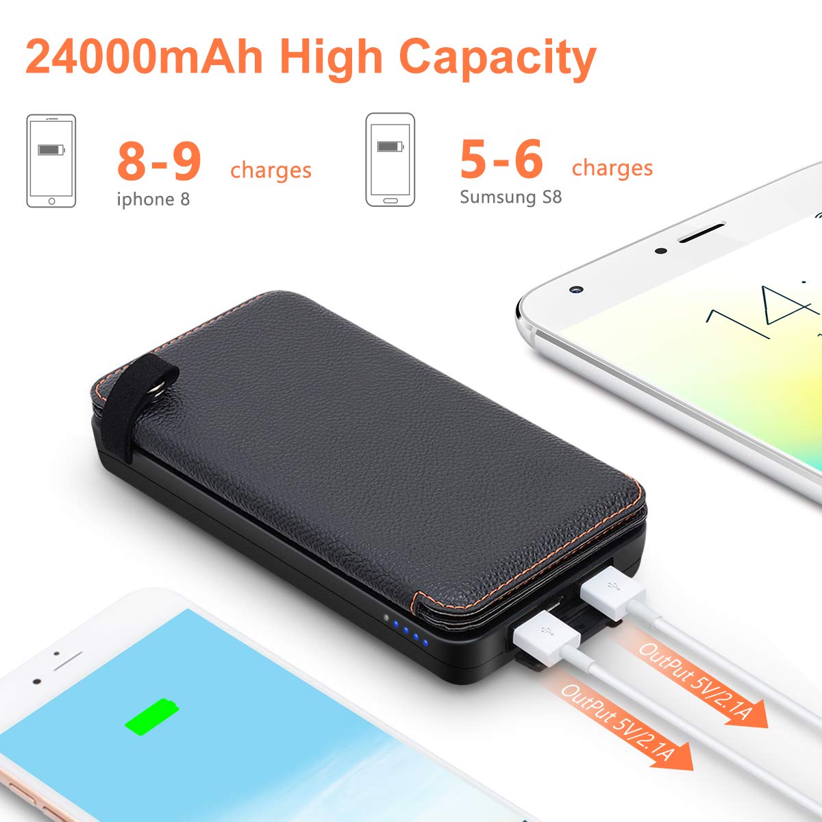 Solar Charger 24000mAh YONSIEO Solar Power Bank with Dual USB 2.1A Output Phone Chargers for Smartphones, Tablets, Outdoor Waterproof