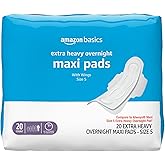 Amazon Basics Thick Maxi Pads with Wings for Periods, Extra Heavy Overnight Absorbency, Absorbent Core, Stay in Place Protection, Unscented, Size 5, 20 Count (Previously Solimo)