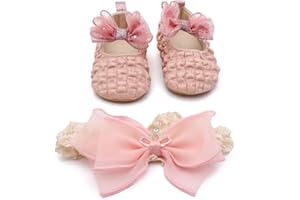 LIZISHU Infant Baby Girls Mary Jane Flats with Crown Headband Soft Sole Non-Slip PU Leather Princess Dress Shoes for Wedding 