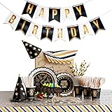 30th Birthday Plates, Napkins, Cups, Tablecloth, Banner, Party Hats - Huge Birthday Pack for 16 Person - Gold and Black 30th Birthday Table Decorations for Men and Women