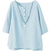 Minibee Women's 3/4 Sleeve Cotton Linen Jacquard Blouses Top T-Shirt