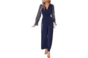 HGps8w Women's Dressy Jumpsuits Elegant Mesh Sleeve V Neck High WIaisted Rompers One Piece Business Casual Wide Leg Pants