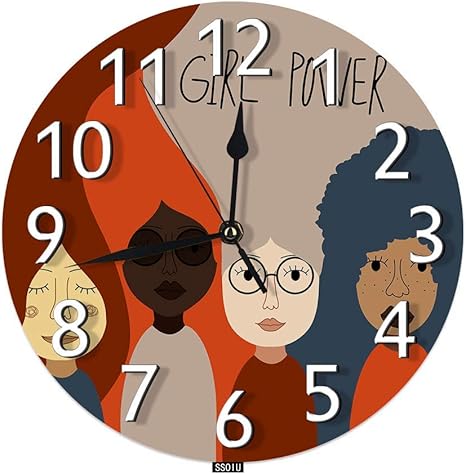 Amazon Co Jp ガールパワー壁掛け時計カラフルな漫画のキャラクター女性の顔かわいいインスピレーション引用レタリングサイレント非カチカチ丸い壁時計バッテリー装飾用に操作 ホーム キッチン